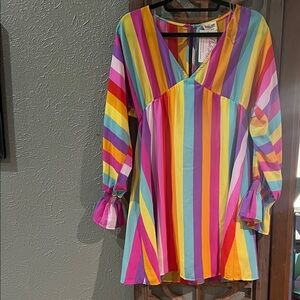 Peach Love Bright Rainbow Stripe V-Neck mini dress